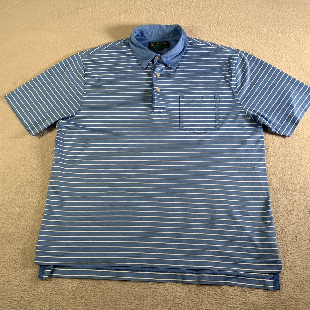 Brooks Brothers Polo Shirt Mens Medium Blue Striped St Andrews Links Golf Cotton